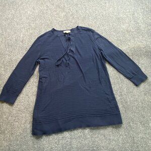 LOFT Outlet Top Women's LP Navy Tunic Top Tie Neck lightweight Knit Peasant Boho